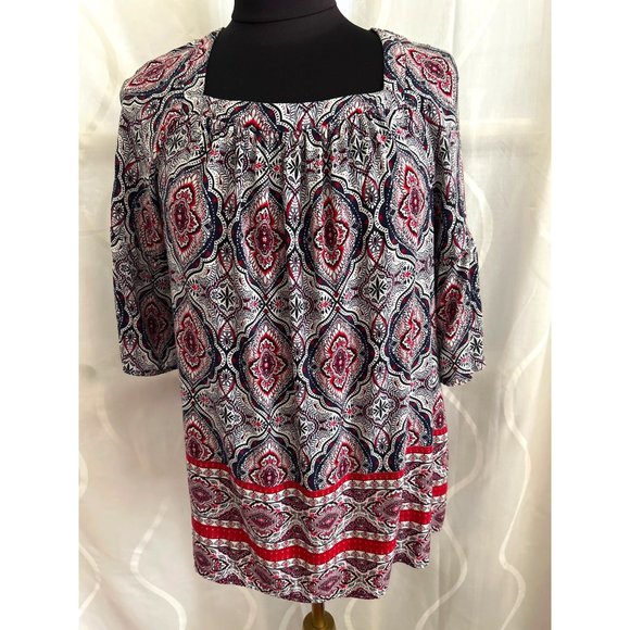 Dana Buchman, Square Neck, Bell Sleeve Navy & Red Print Top, Large - Picture 1 of 9